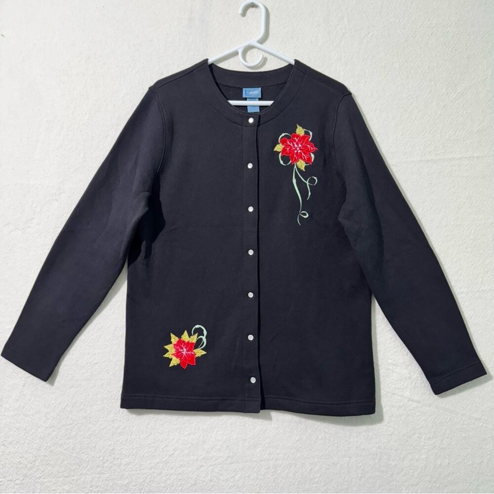 Classic Elements Black Cardigan Sweater Red Poinsettias Floral Embroidered Large